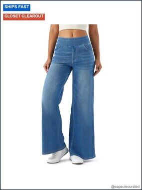 High Waisted Wide Leg Jeans | Stretchy Pull On Elastic Waist Denim